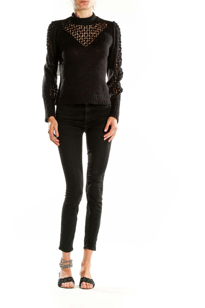 Front view of Saltwater Luxe black crochet knit mock neck sweater