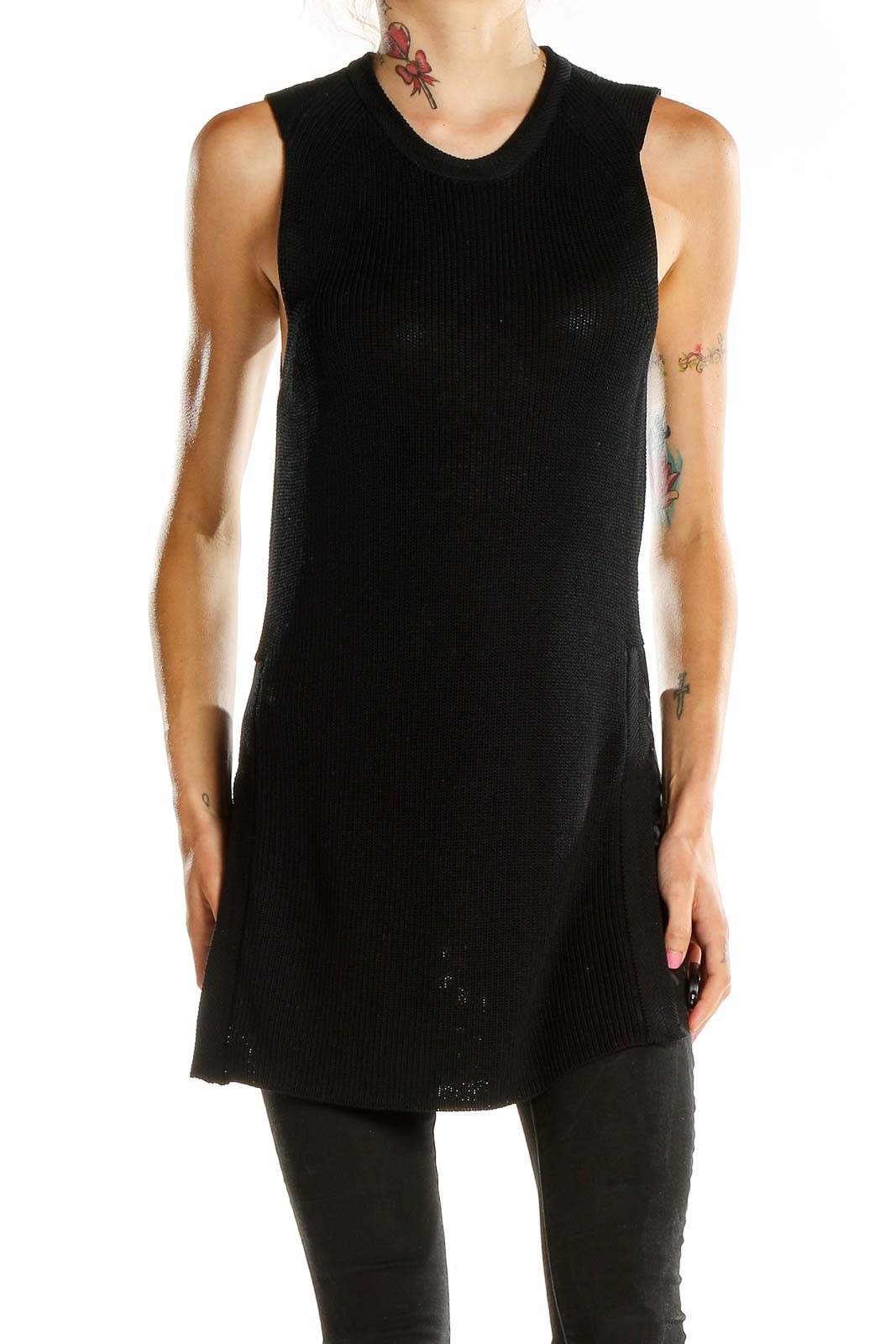 Front view of Wilfred black sleeveless ribbed knit tunic top