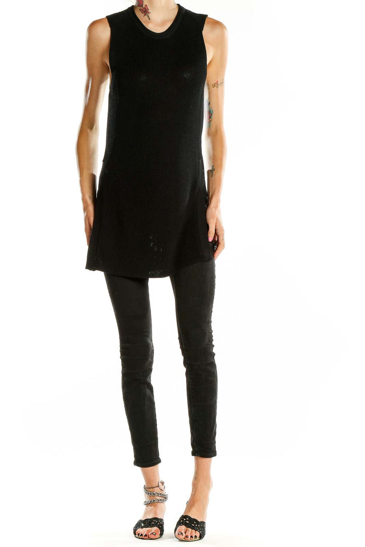 Front view of Wilfred black sleeveless ribbed knit tunic top