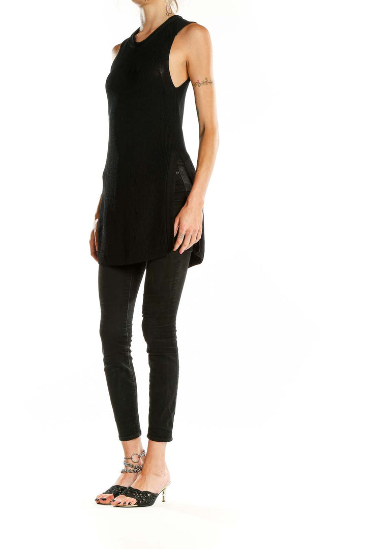 Front view of Wilfred black sleeveless ribbed knit tunic top