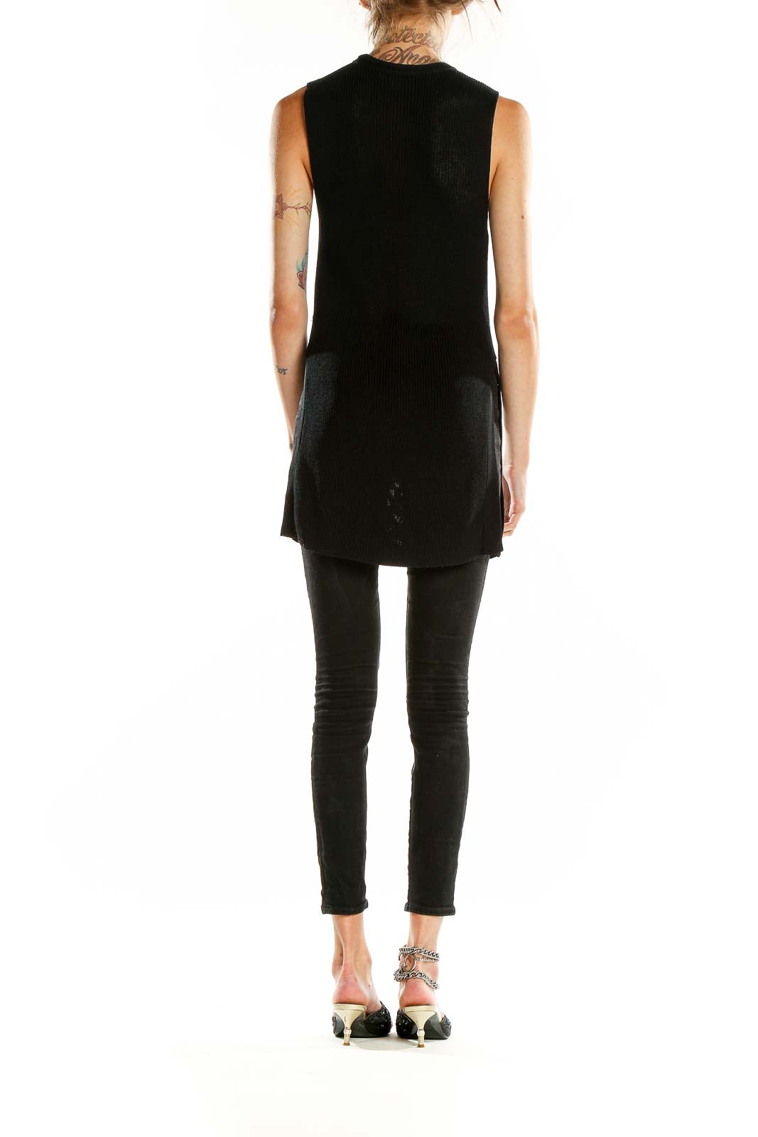 Back view of Wilfred black sleeveless ribbed knit tunic top