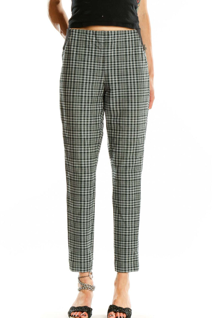 Front view of Calvin Klein gray plaid slim fit trousers