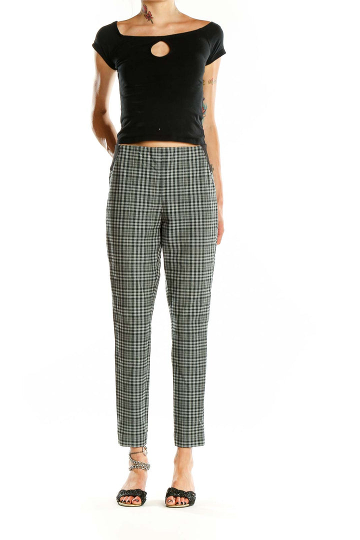 Front view of Calvin Klein gray plaid slim fit trousers