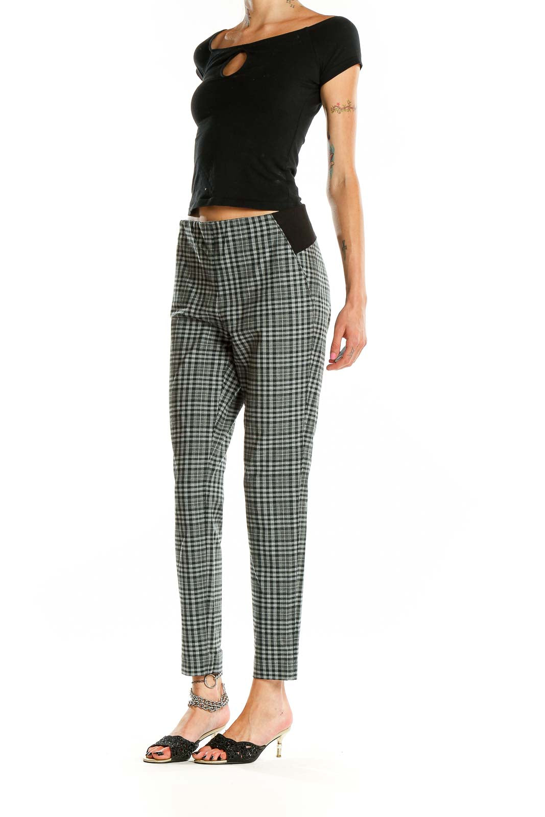 Front view of Calvin Klein gray plaid slim fit trousers