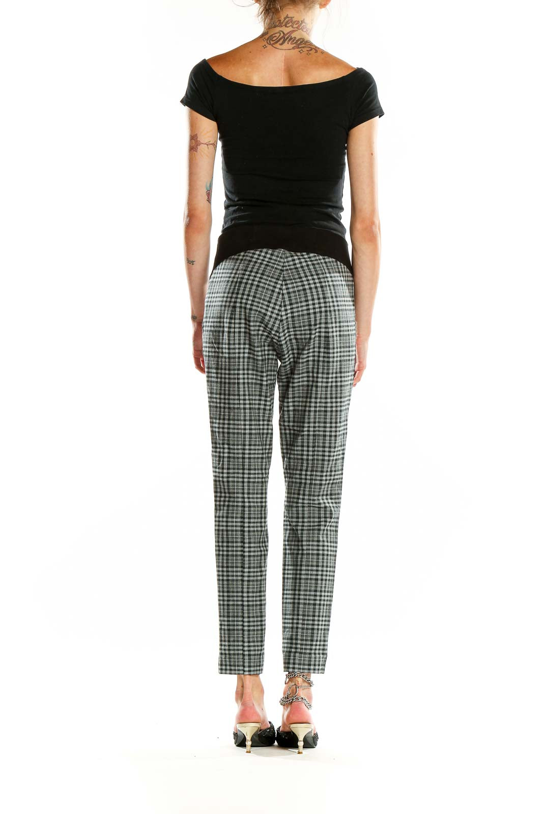 Back view of Calvin Klein gray plaid slim fit trousers