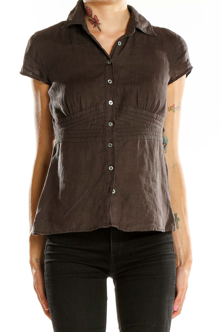 Front view of Weekend Max Mara brown linen button-up blouse with short sleeves