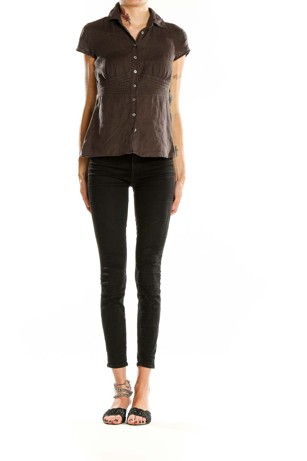 Front view of Weekend Max Mara brown linen button-up blouse with short sleeves