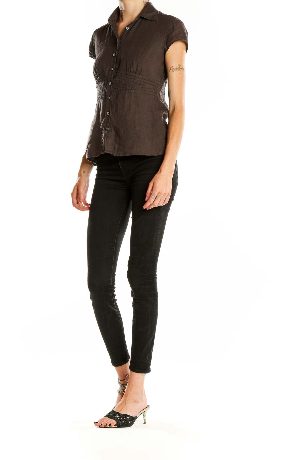 Front view of Weekend Max Mara brown linen button-up blouse with short sleeves