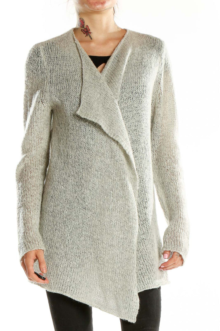 Front view of gray asymmetrical knit cardigan from Calvin Klein Jeans