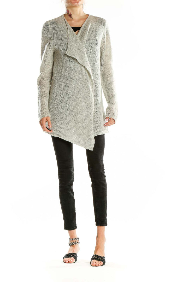 Front view of gray asymmetrical knit cardigan from Calvin Klein Jeans