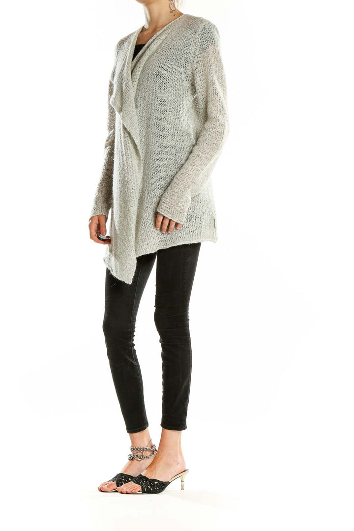 Front view of gray asymmetrical knit cardigan from Calvin Klein Jeans