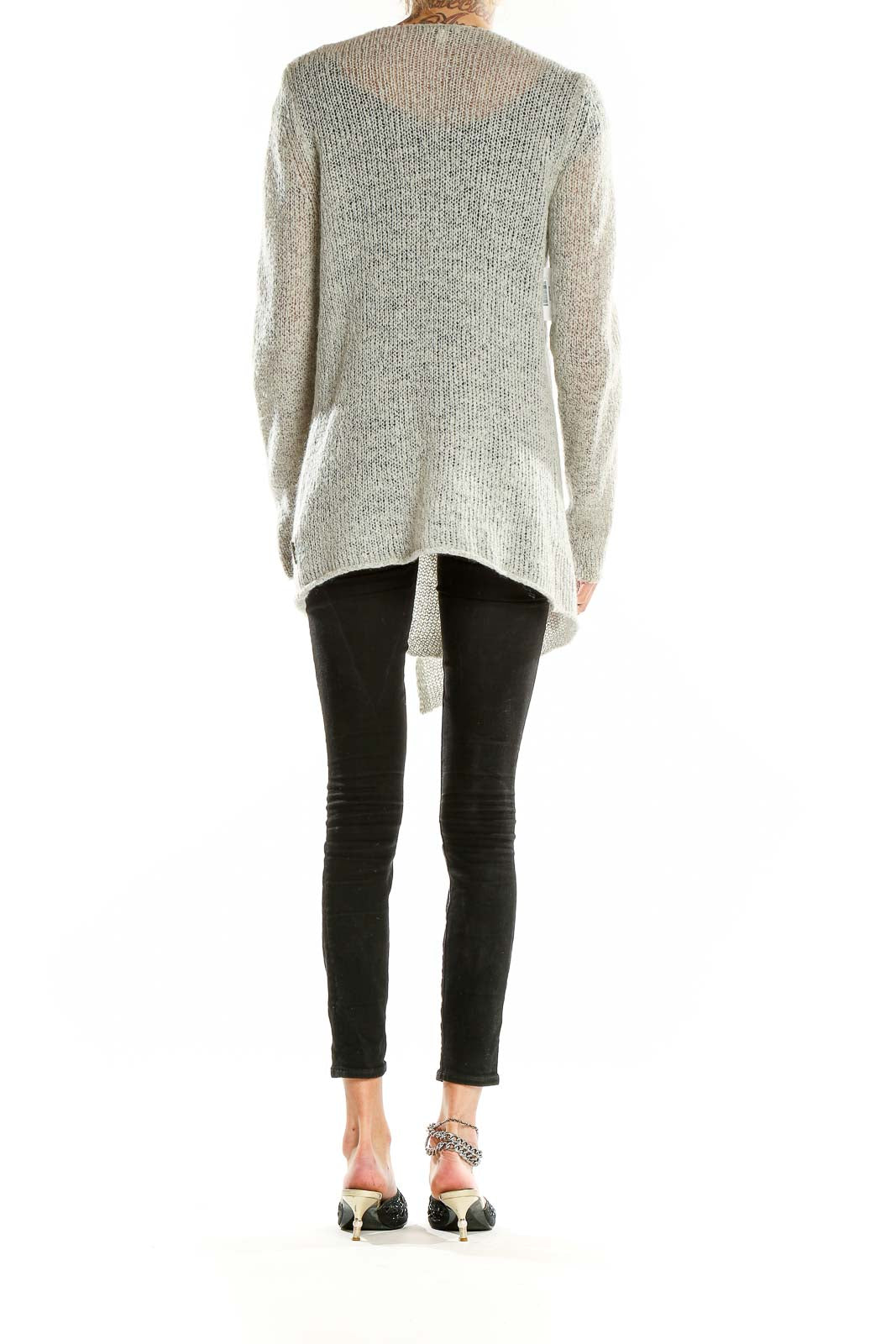 Back view of gray asymmetrical knit cardigan from Calvin Klein Jeans