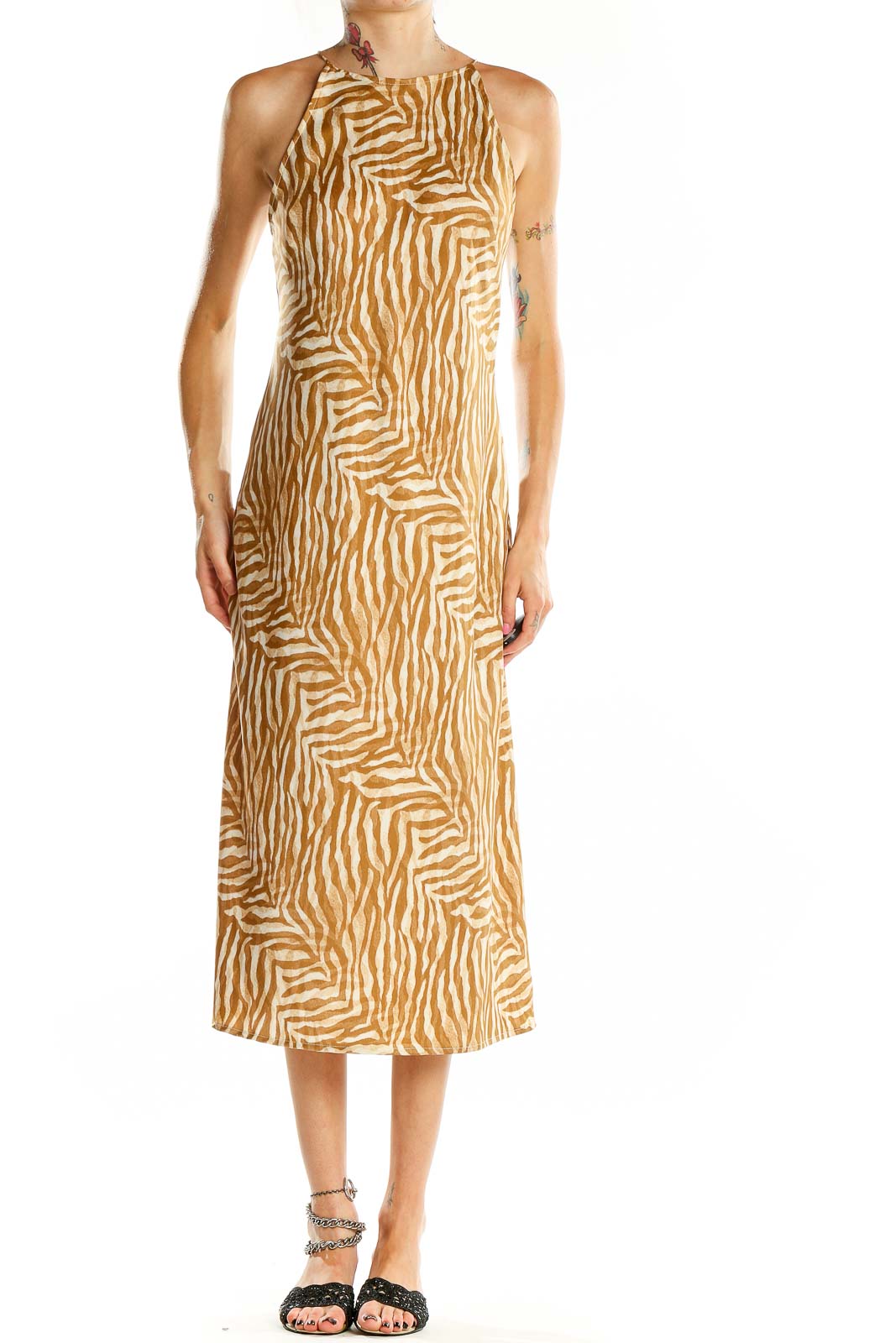 Front view of Banana Republic beige zebra print midi dress with halter neckline