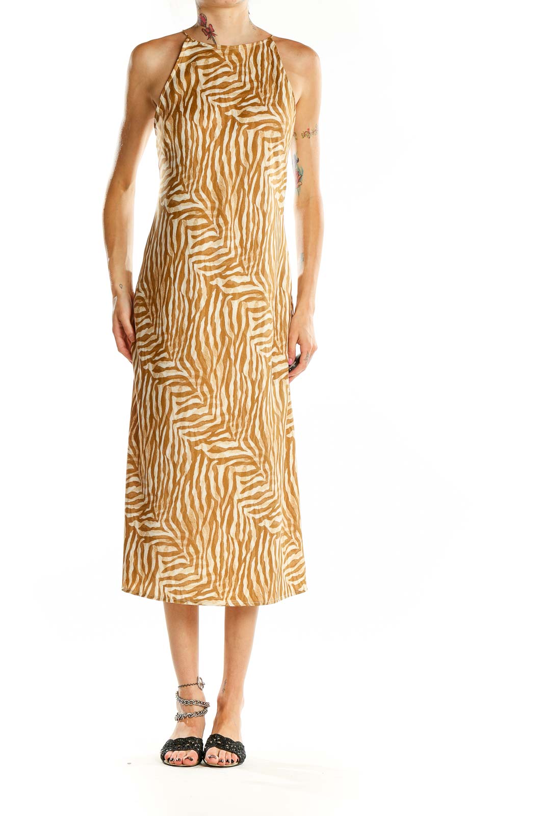 Front view of Banana Republic beige zebra print midi dress with halter neckline