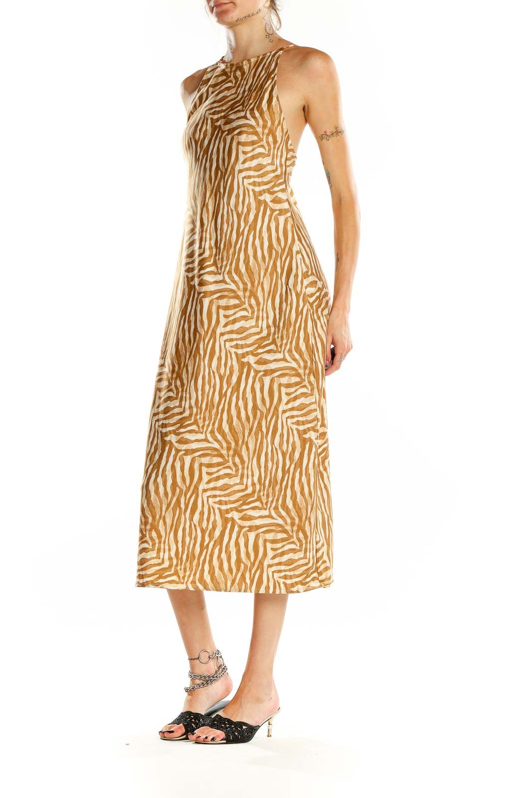 Front view of Banana Republic beige zebra print midi dress with halter neckline