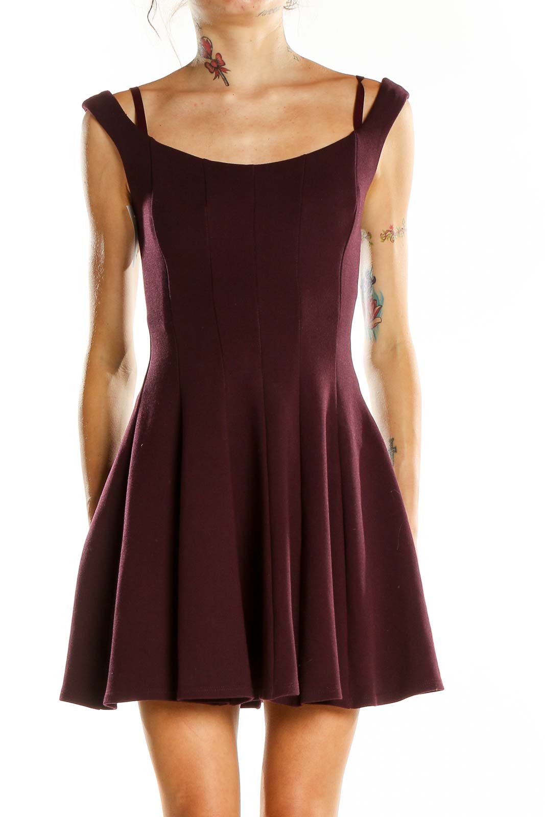 Front view of Bailey 44 burgundy fit-and-flare mini dress with double straps