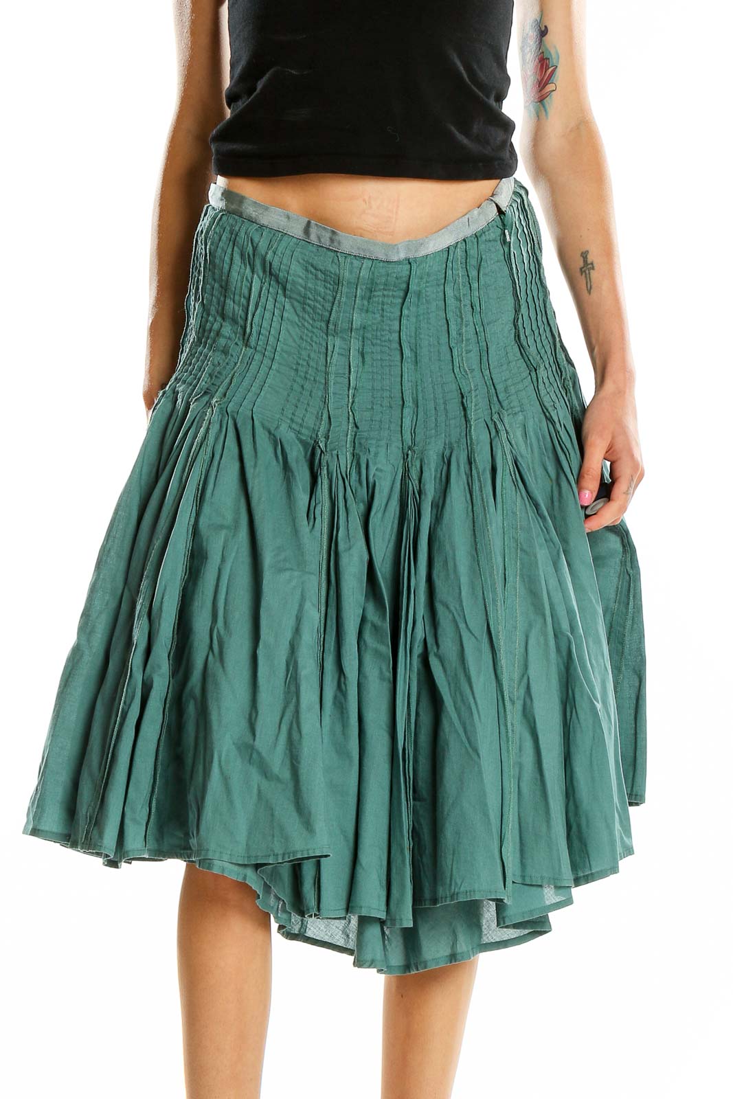 Front view of Calvin Klein green pleated cotton midi skirt