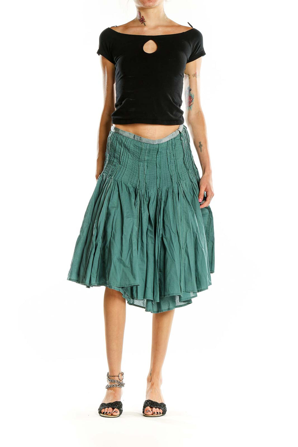 Front view of Calvin Klein green pleated cotton midi skirt