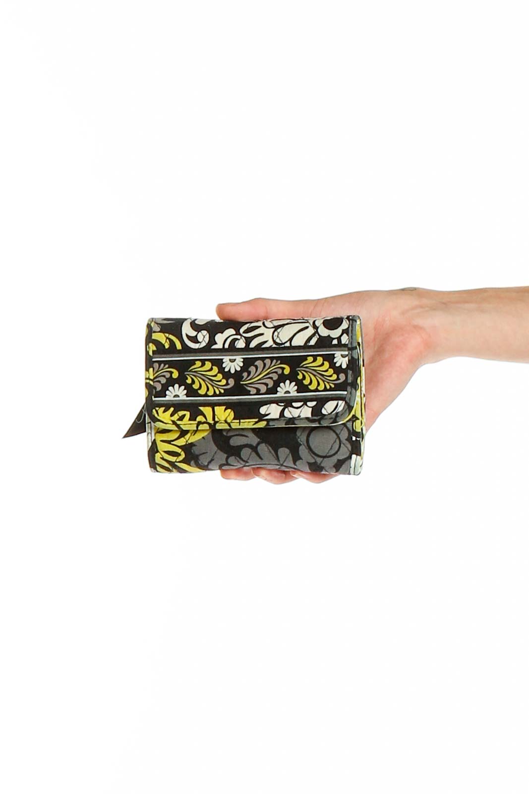 Front view of Vera Bradley black clutch with yellow and white floral print