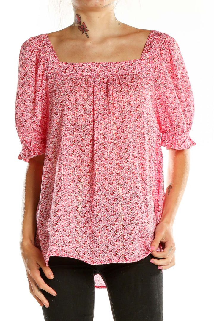 Front view of pink floral cotton peasant top from LOFT