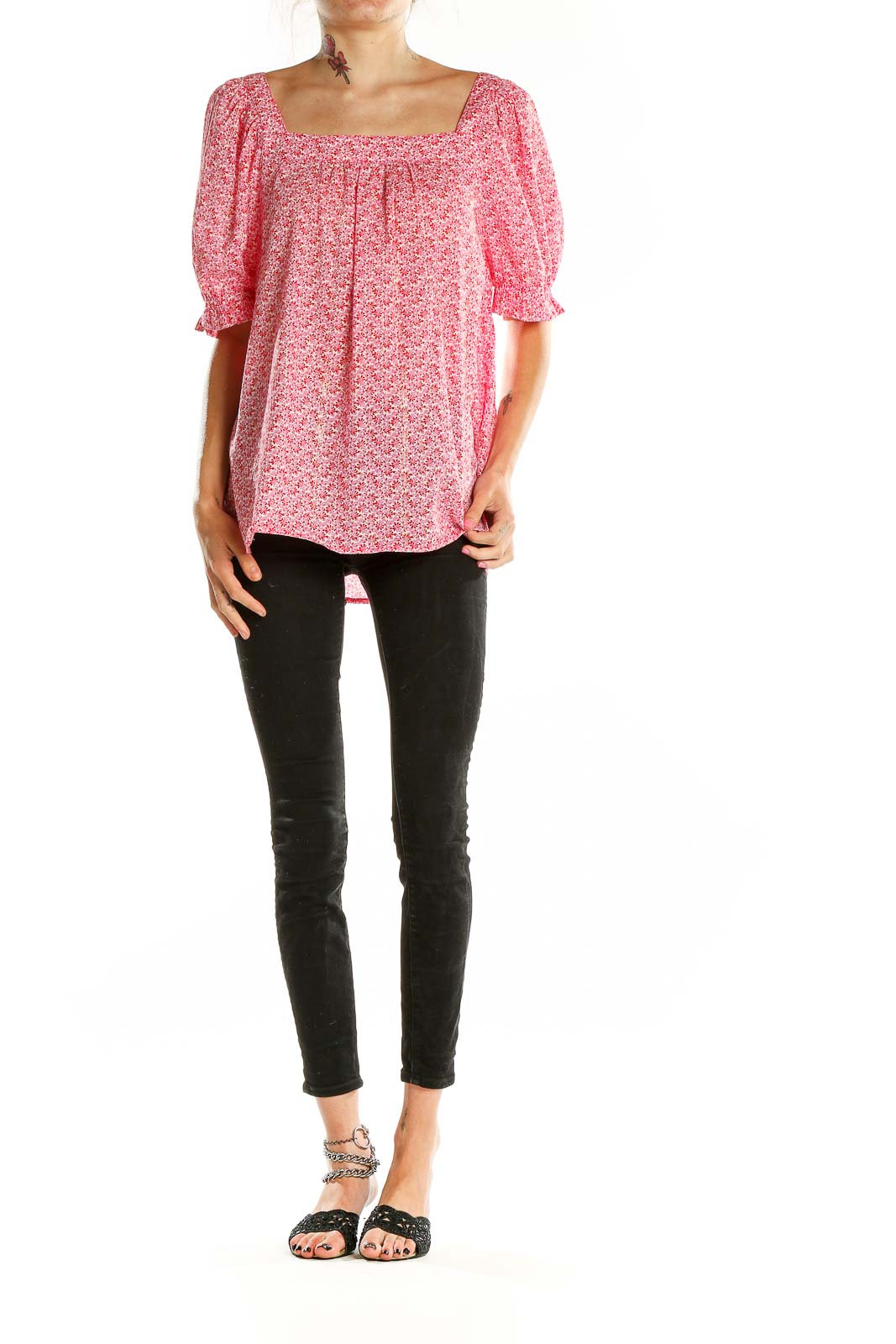 Front view of pink floral cotton peasant top from LOFT