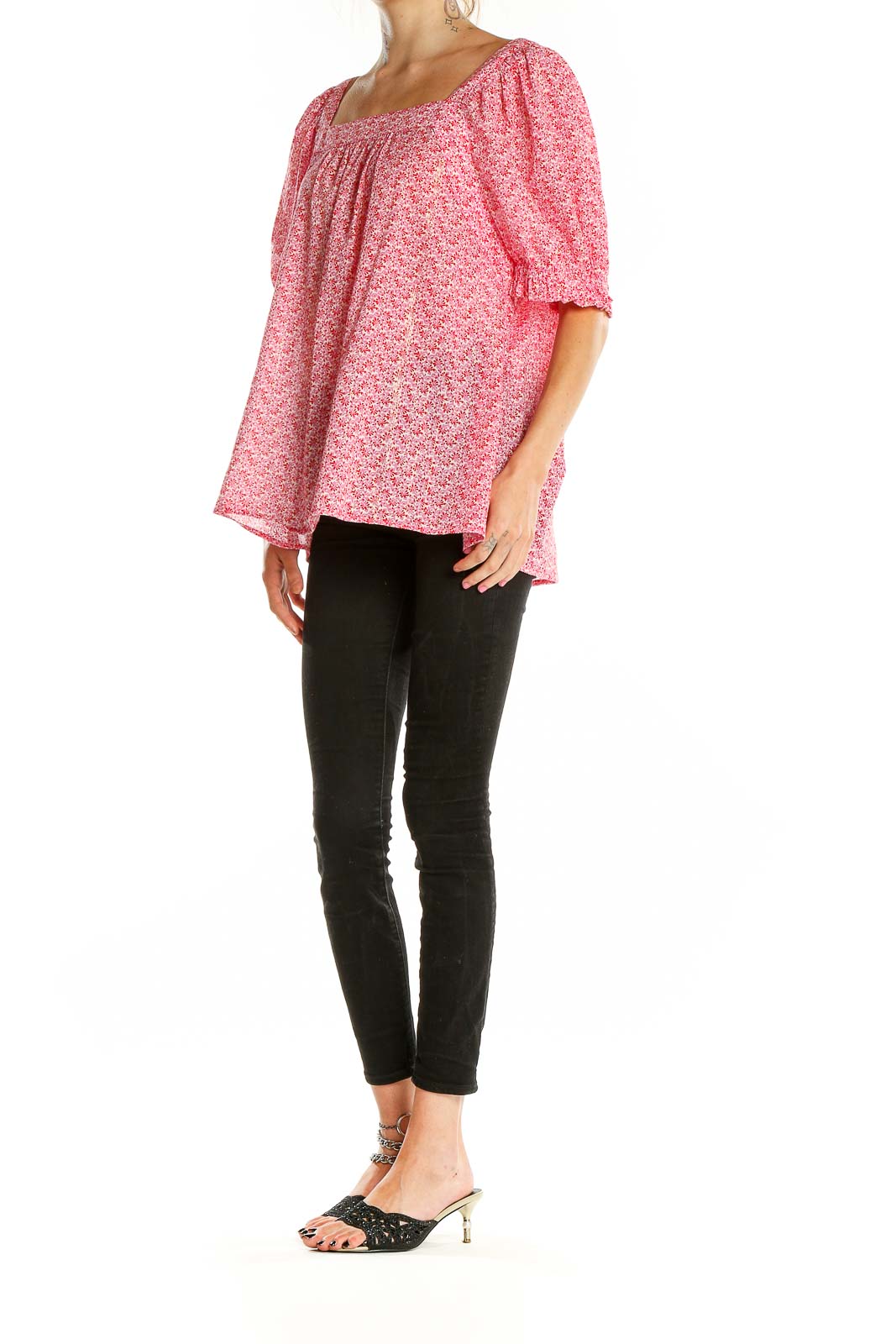 Front view of pink floral cotton peasant top from LOFT