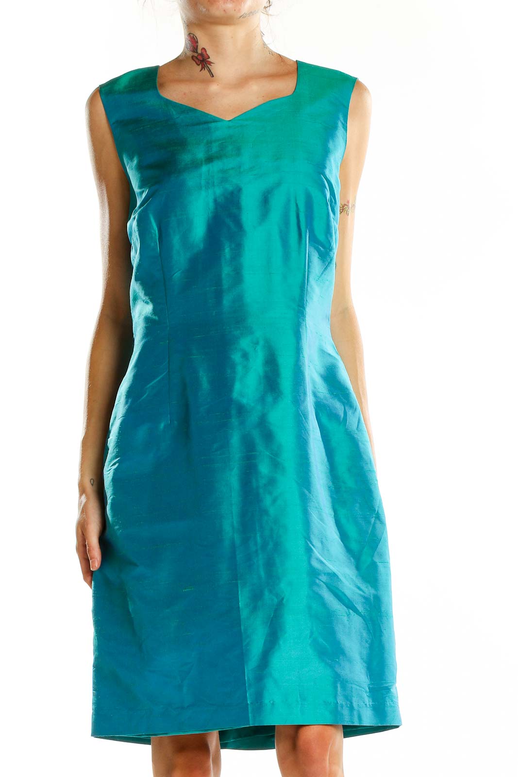 Front view of teal Worthington sleeveless sheath dress