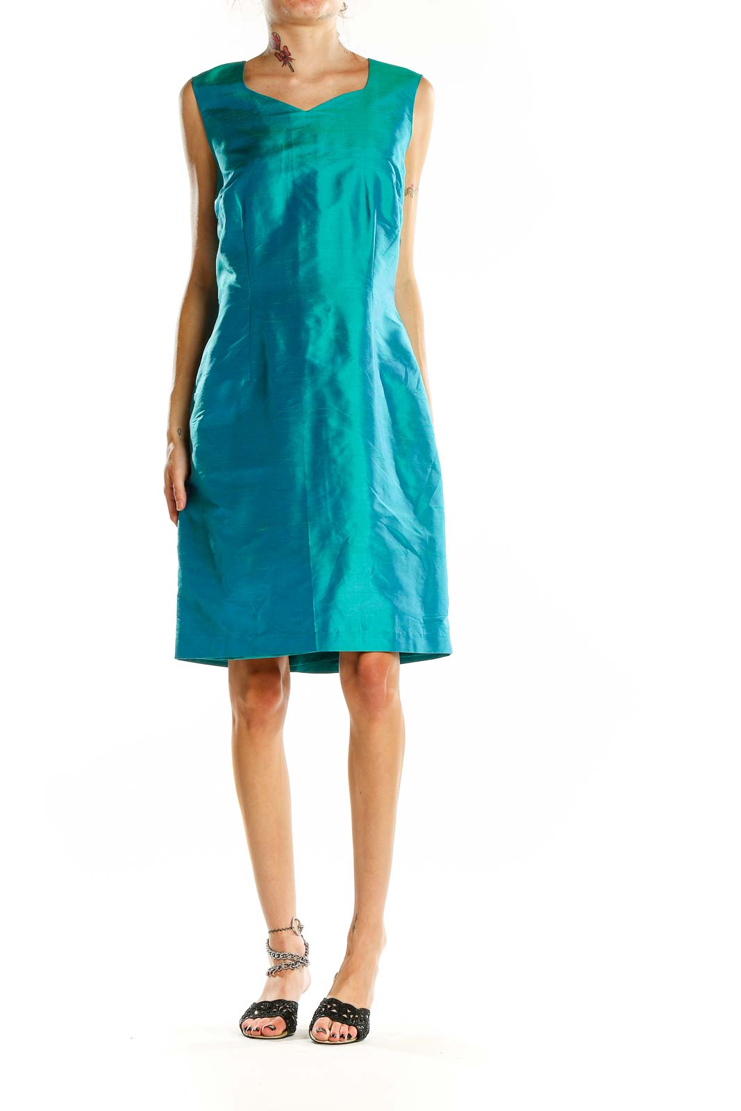 Front view of teal Worthington sleeveless sheath dress