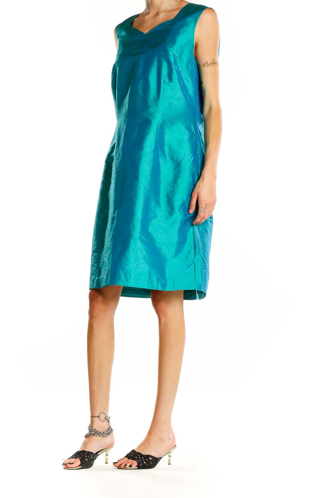 Front view of teal Worthington sleeveless sheath dress