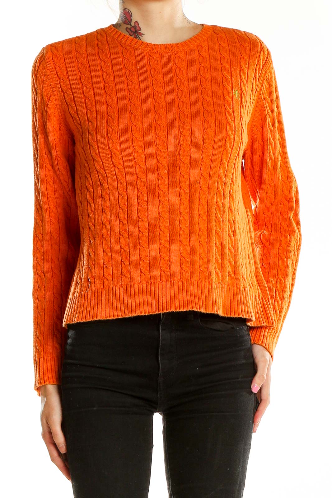 Front view of Lauren Ralph Lauren orange cable knit cotton sweater