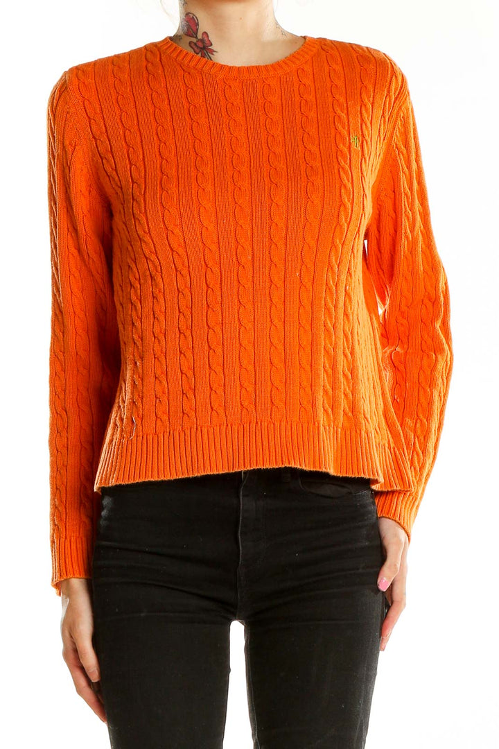 Front view of Lauren Ralph Lauren orange cable knit cotton sweater