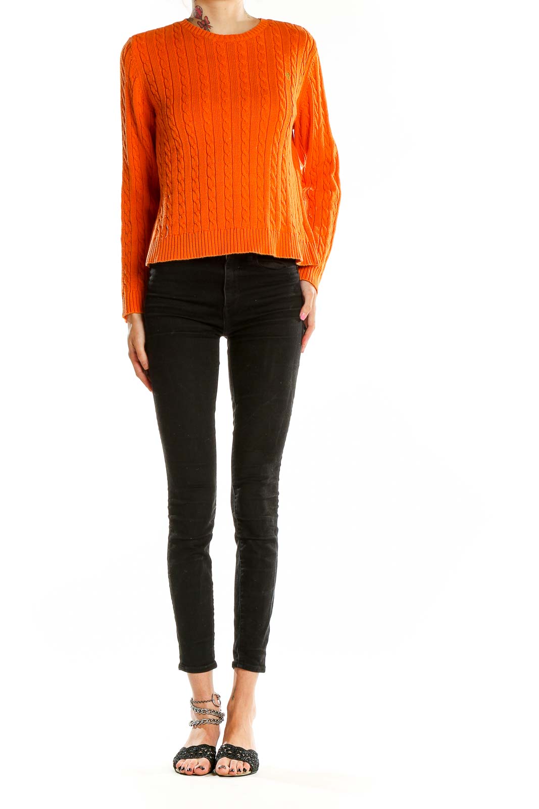 Front view of Lauren Ralph Lauren orange cable knit cotton sweater