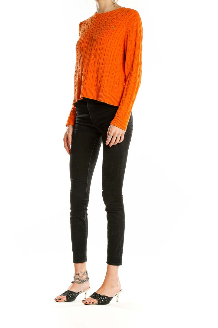 Front view of Lauren Ralph Lauren orange cable knit cotton sweater