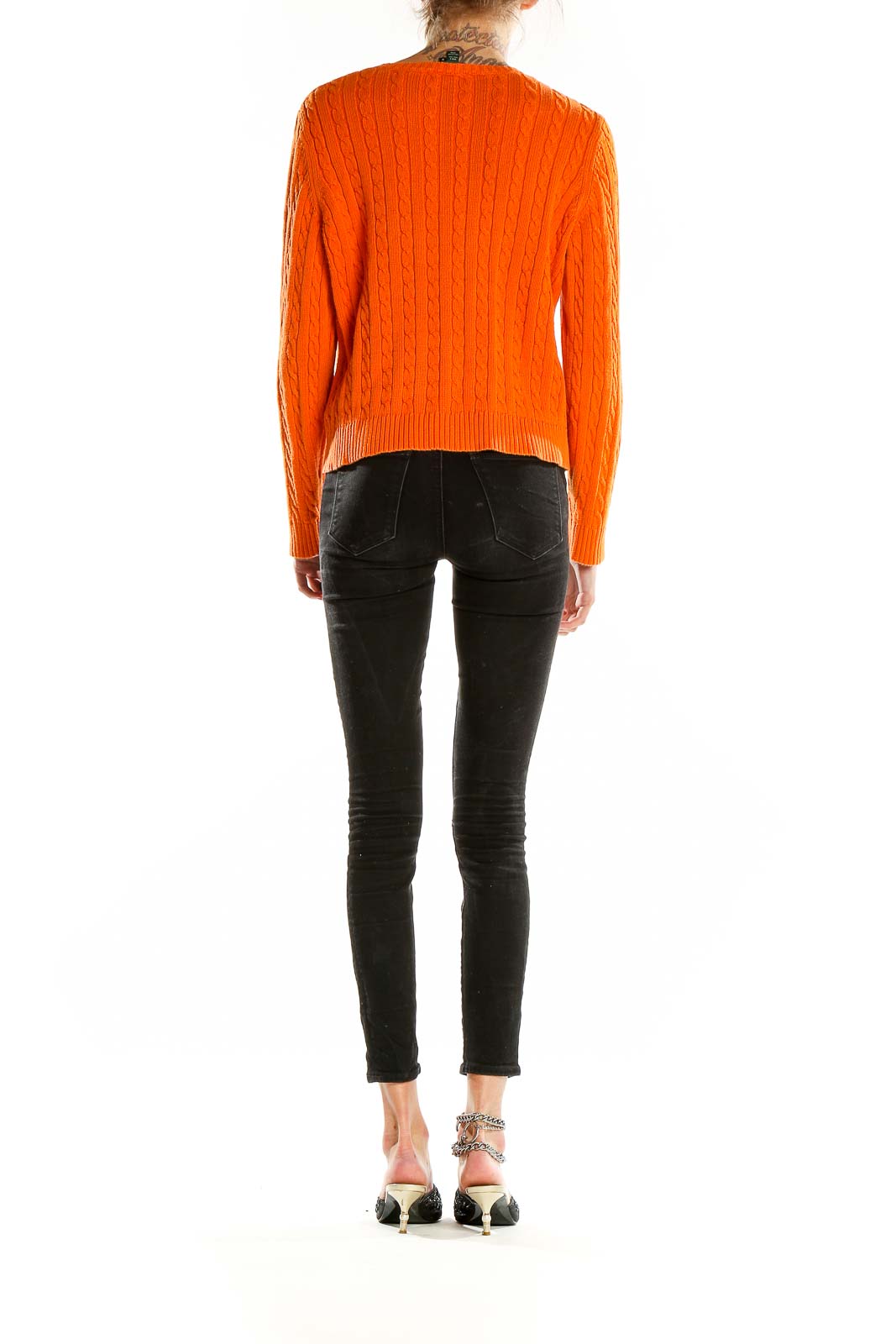 Back view of Lauren Ralph Lauren orange cable knit cotton sweater