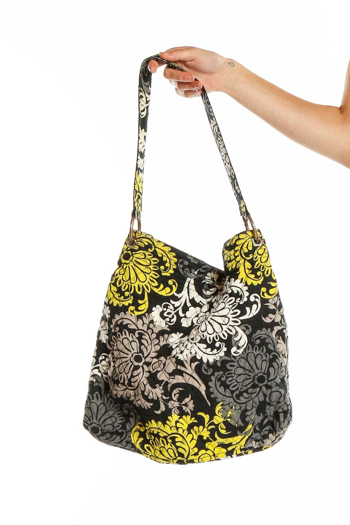 Front view of Vera Bradley black and yellow floral cotton shoulder bag