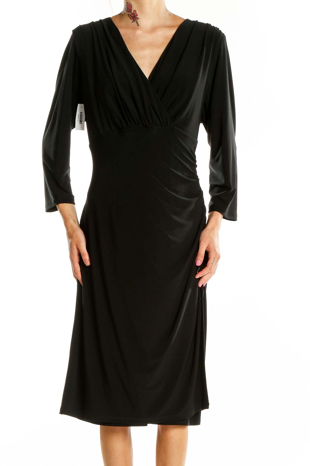 Front view of black Lauren Ralph Lauren wrap-style midi dress with V-neckline and 3/4 sleeves