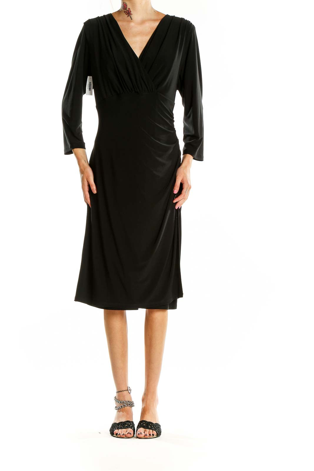 Front view of black Lauren Ralph Lauren wrap-style midi dress with V-neckline and 3/4 sleeves