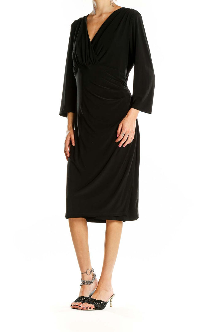 Front view of black Lauren Ralph Lauren wrap-style midi dress with V-neckline and 3/4 sleeves