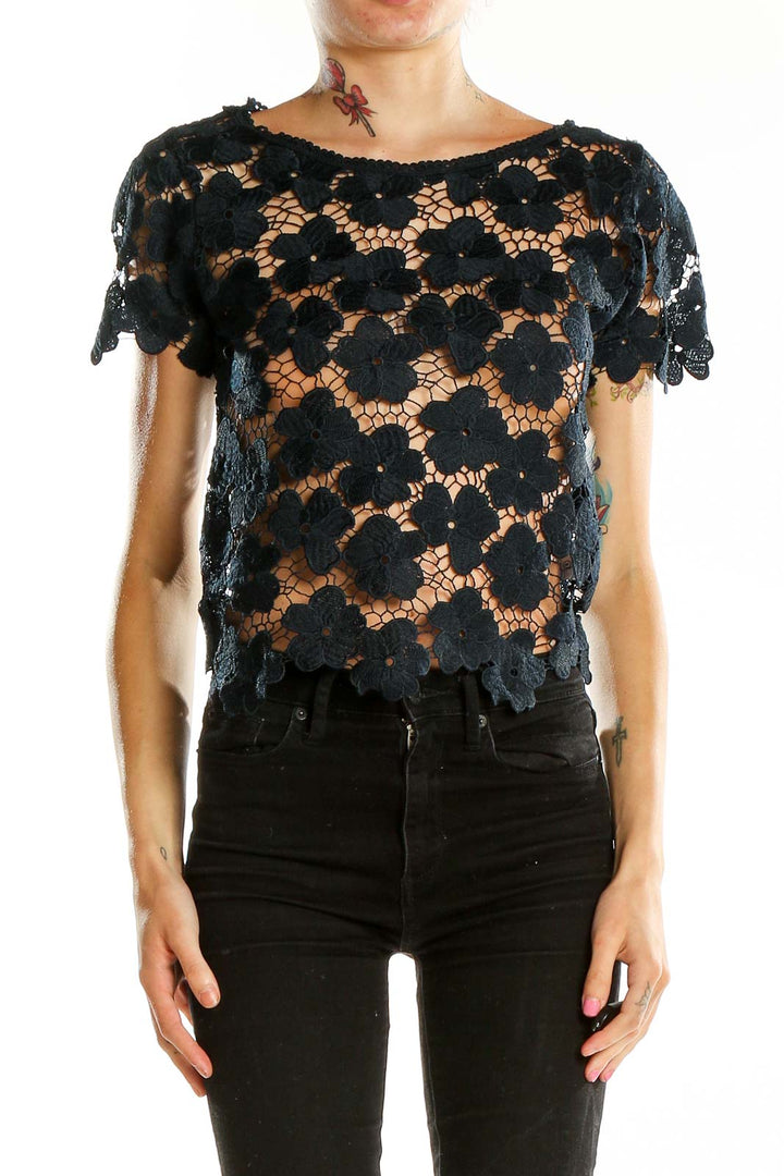 Front view of black floral lace crop top by Atmosphere