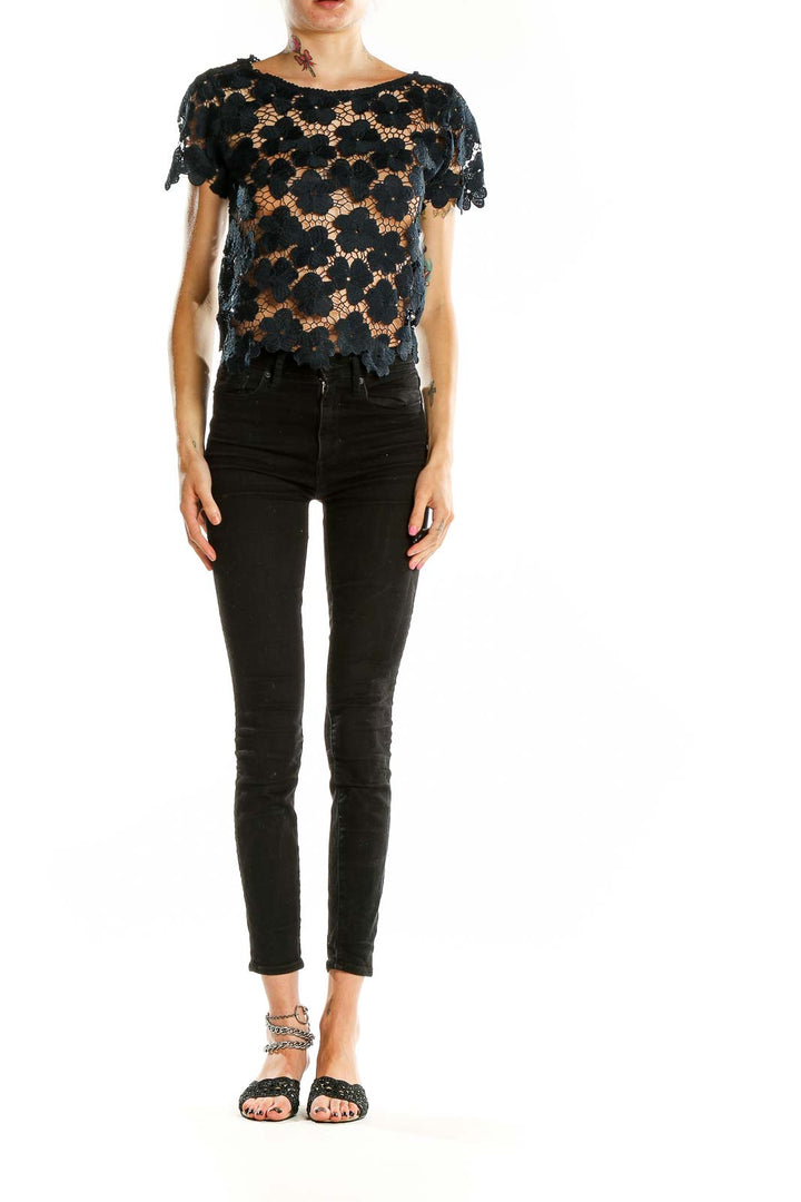 Front view of black floral lace crop top by Atmosphere