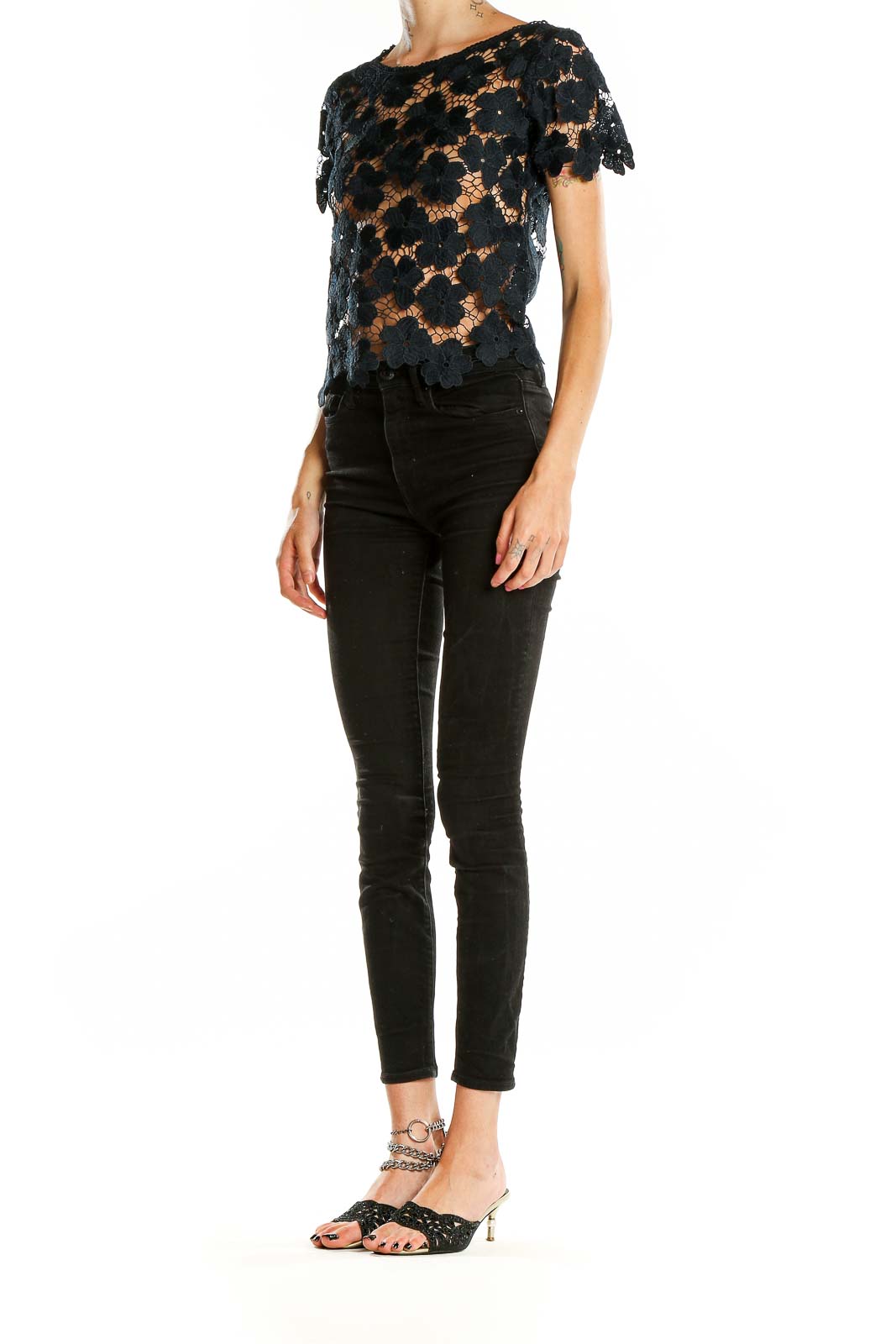 Front view of black floral lace crop top by Atmosphere