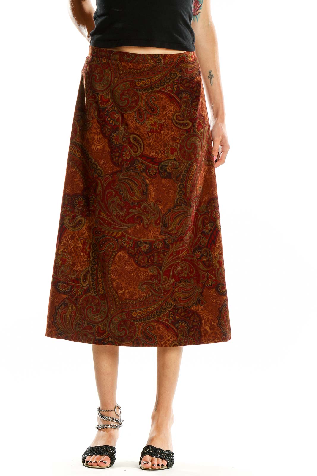 Front view of SilkRoll rust paisley midi skirt with A-line silhouette