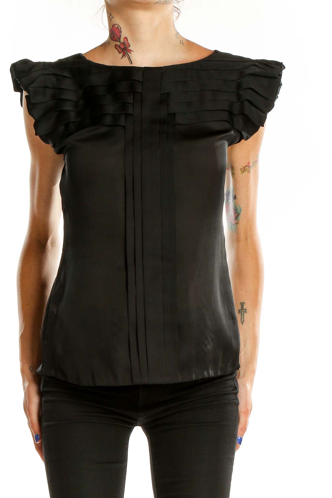 Front view of BCBG MaxAzria black sleeveless blouse with ruffled cap sleeves