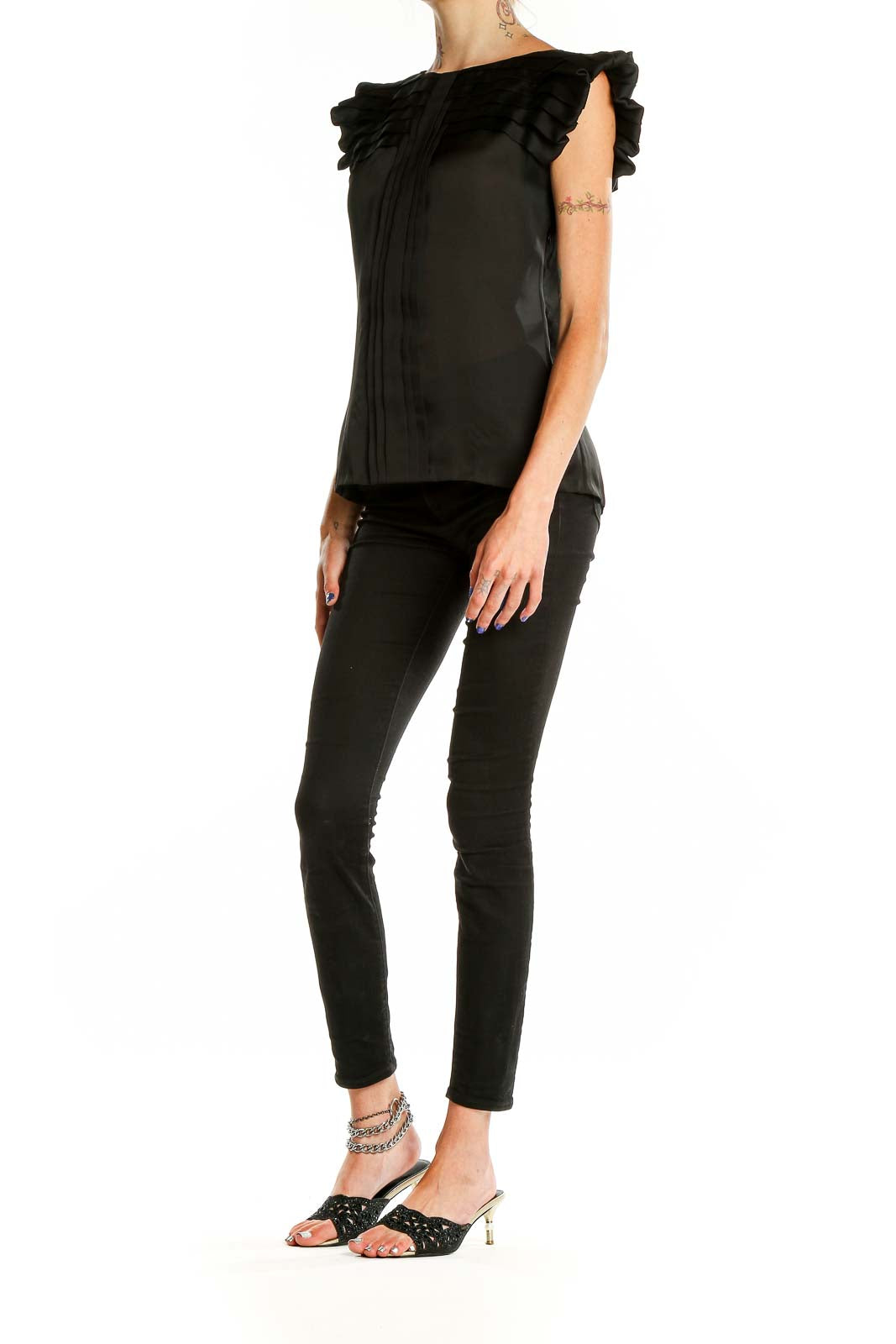 Front view of BCBG MaxAzria black sleeveless blouse with ruffled cap sleeves