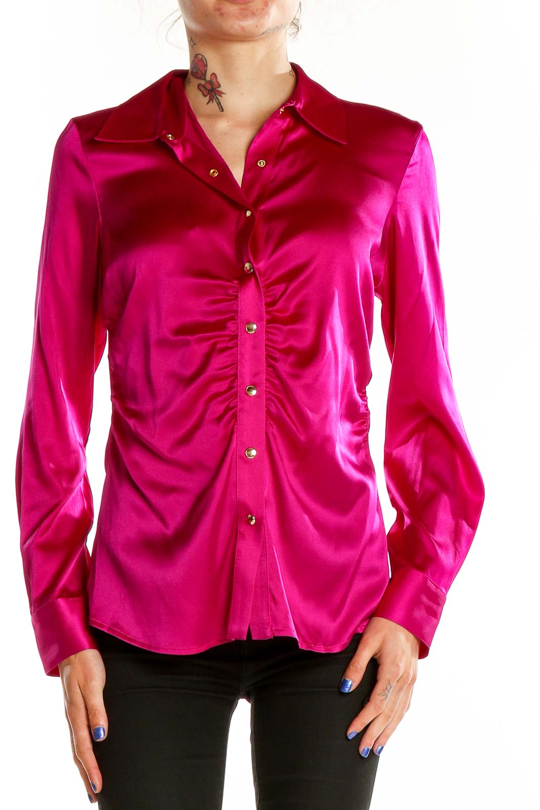 Front view of Cache fuchsia satin button-up blouse with ruched detailing