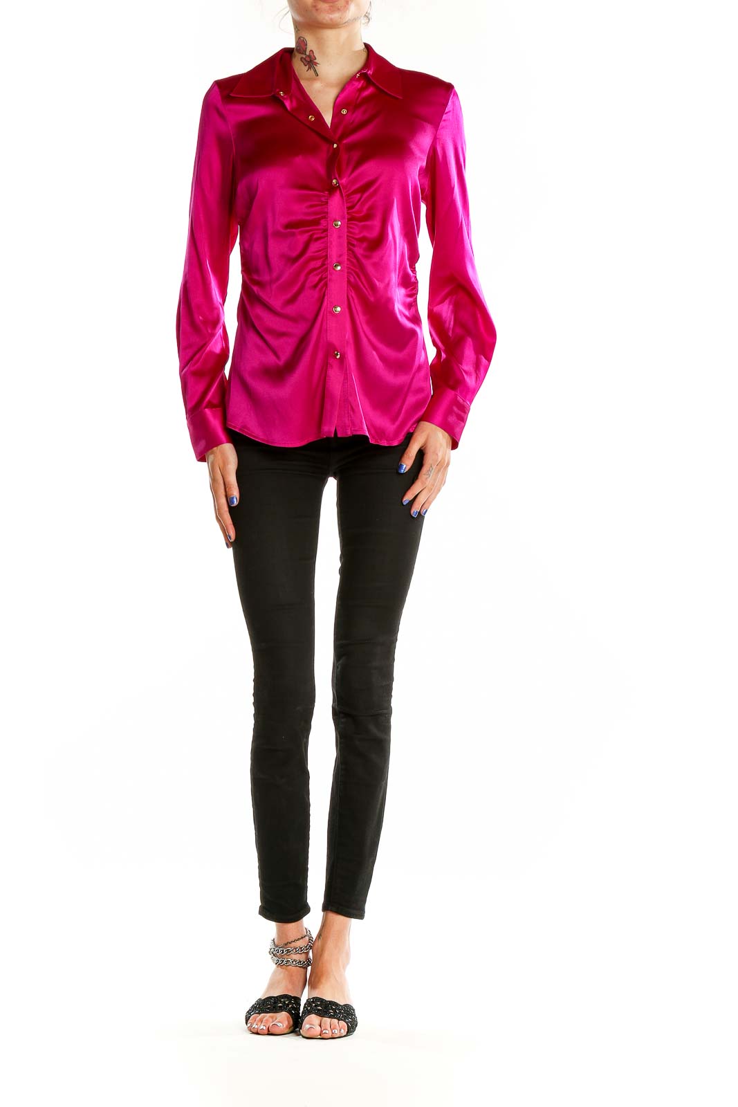 Front view of Cache fuchsia satin button-up blouse with ruched detailing