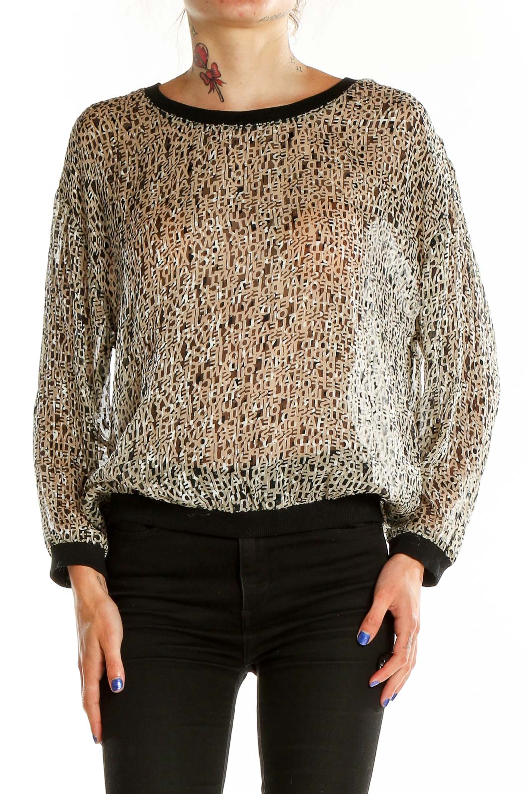 Front view of Silence + Noise beige leopard print sheer blouse with batwing sleeves