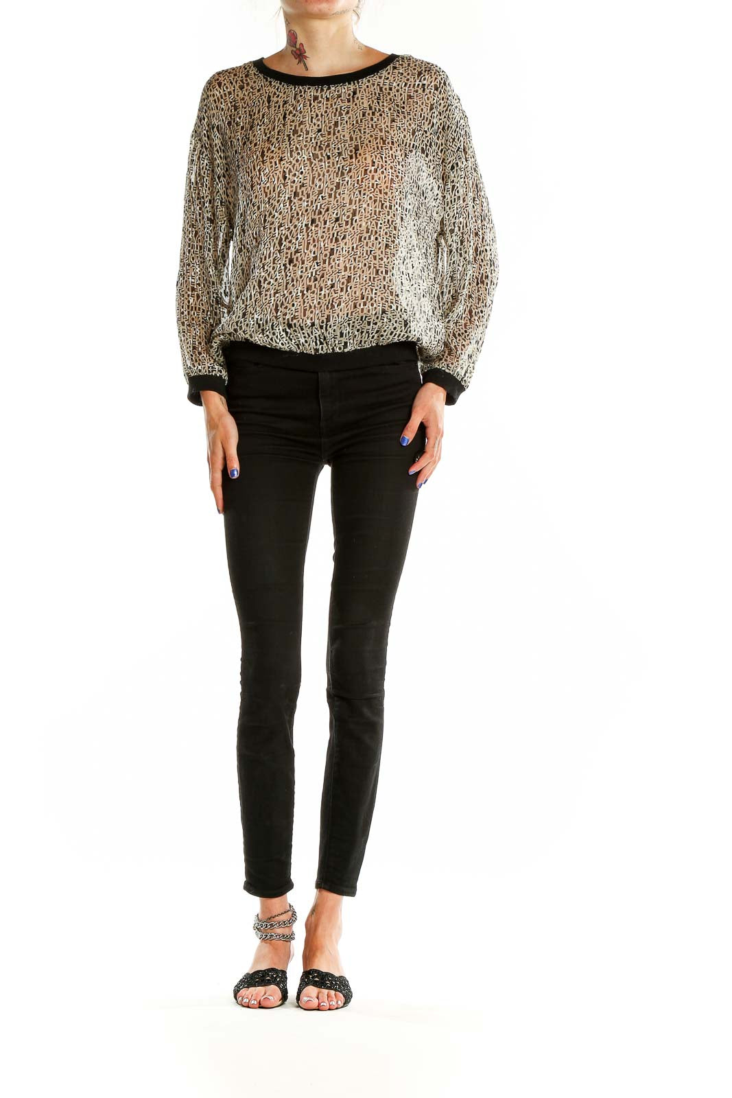 Front view of Silence + Noise beige leopard print sheer blouse with batwing sleeves