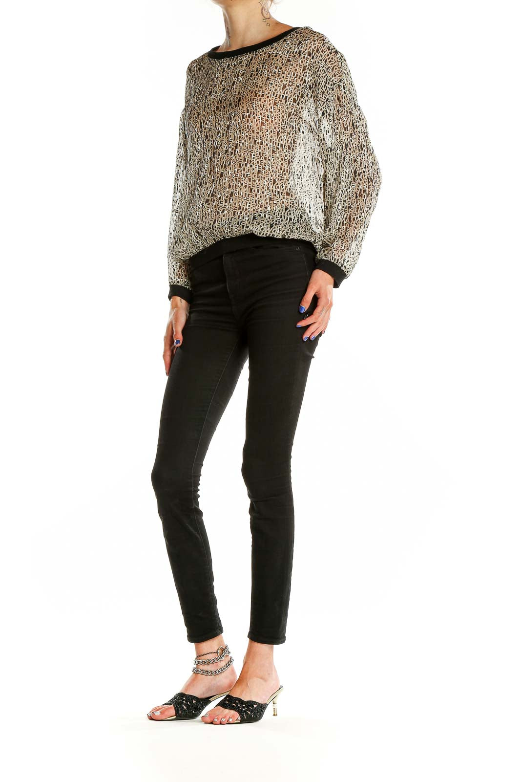 Front view of Silence + Noise beige leopard print sheer blouse with batwing sleeves