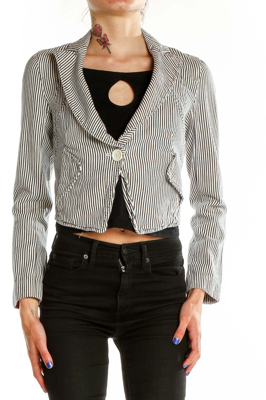 Front view of Armani Exchange Black and White Striped Cropped Jacket